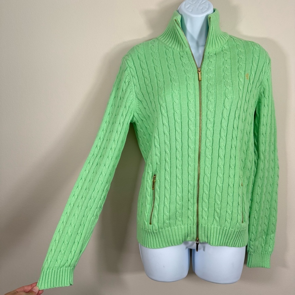 NWOT Lauren Ralph Lauren Y2K Women’s Green Cable Knit Sweater Full Zip M - Picture 7 of 10